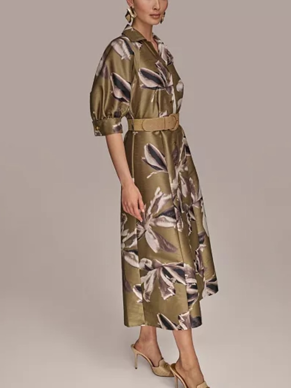 Donna Karan New York Olive Floral Belted Midi Shirt Dress NWT Size 10 - Picture 3 of 12